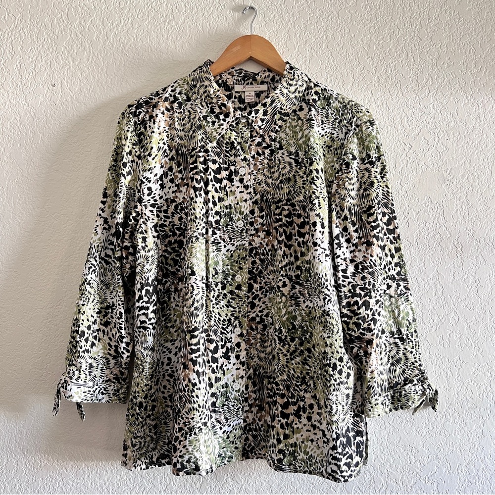 Vintage JM Collection Green Geometric Pattern Button Down Tie Sleeve Top Size 16